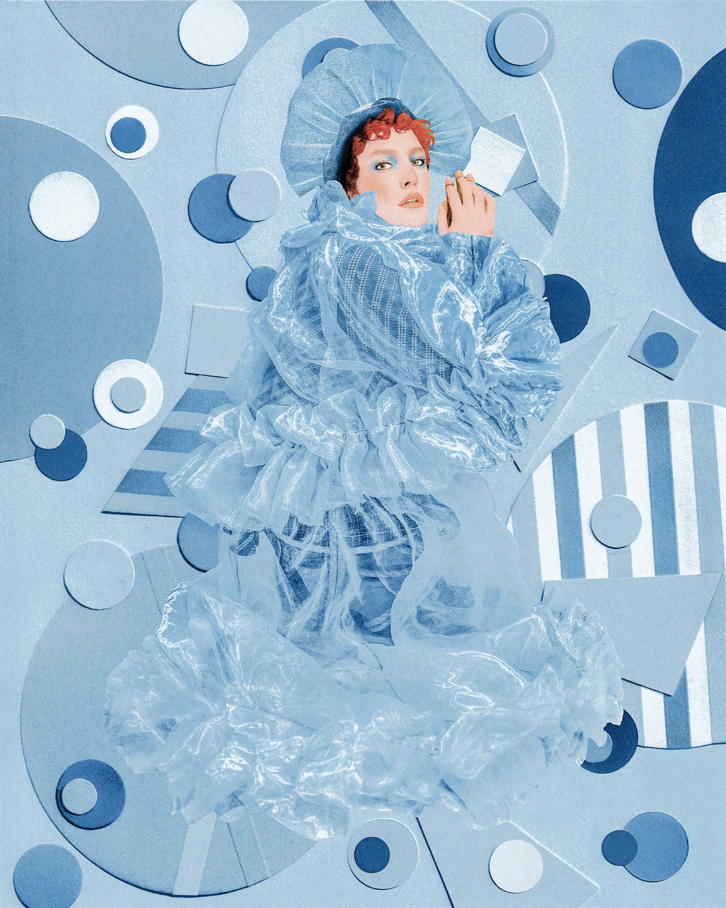 Blue theater costume in geometric setting