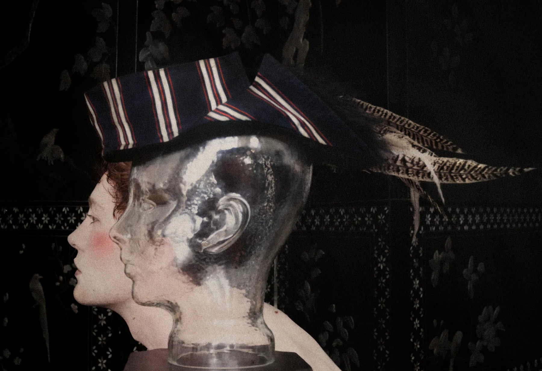 Roman's striped hat on mannequin head